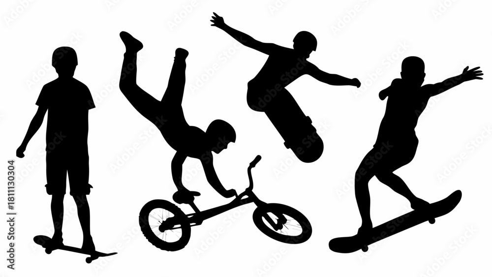 Fototapeta premium Dynamic silhouettes of skateboarders and BMX rider performing daring stunts, ideal for extreme sports branding and youth culture designs with modern edge