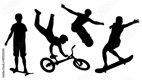 Dynamic silhouettes of skateboarders and BMX rider performing daring stunts, ideal for extreme sports branding and youth culture designs with modern edge