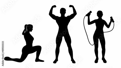 Fitness silhouette of diverse workout routines, showing strength training, lunges, and jump rope for health and active lifestyle motivation