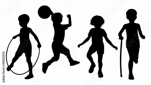 Captivating silhouettes of kids playing joyfully with a hoop, ball, and stick, perfect for children's illustrations and designs, scalable vector fun