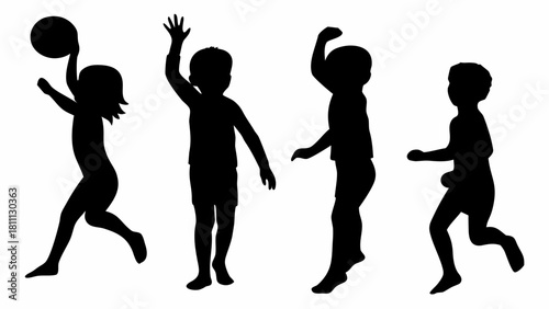 Dynamic silhouettes of children playing and running create a sense of joyful energy, perfect for illustrating childhood, recreation, and active lifestyles