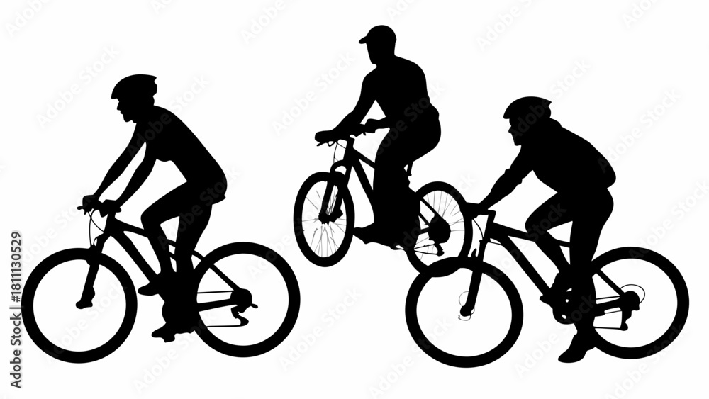 Obraz premium Dynamic cyclist silhouettes riding bikes, perfect for fitness campaigns and outdoor adventure promotions, showing freedom and healthy living through cycling sport