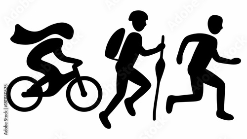 Sporty adventures await with this action-packed trio biking, hiking, and running toward fitness goals in a modern, minimalist style perfect for active lifestyles