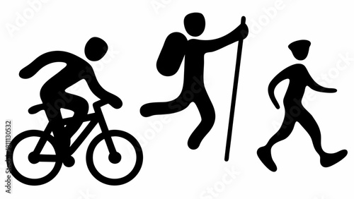Active lifestyle icons showcase biking, hiking with a backpack, and walking - perfect for fitness, outdoor adventures, and healthy living promotions