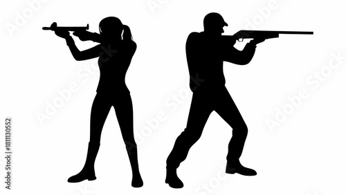 Silhouetted hunters with rifles, ready for the hunt, embodying precision, focus, and the thrill of the sport, perfect for hunting or outdoor adventure themes