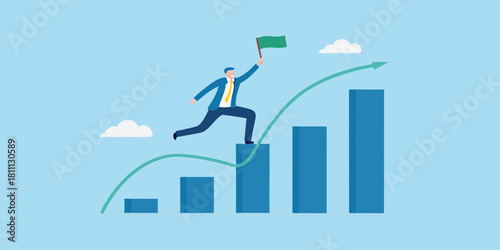 Man running up a business graph holding a flag of success
