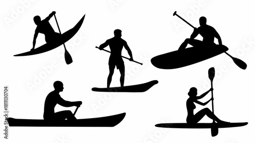Dynamic water sports silhouettes kayaking, paddleboarding, canoeing for adventure lifestyle brands, fitness promotions, and outdoor recreation campaigns