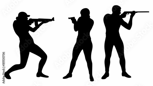 Dynamic silhouettes of shooters with rifles and pistol, showing focus and precision, perfect for illustrating sports, security, or competitive spirit. Vector origin.