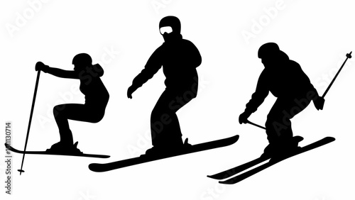 Embrace the Thrill: Skiers Carving Down the Slopes, Winter Adventure Awaits, Vector Silhouette for Skiing Enthusiasts, Snowy Mountain Fun, Action Packed Sport