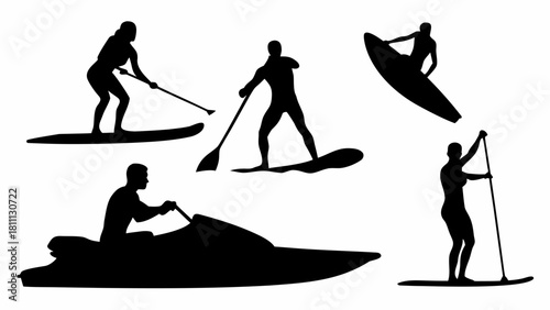 Embrace the Waves Black Silhouettes: Surfboard, Paddleboard, and Jet Ski Adventures for Summer Fun and Sport Enthusiasm, Originally a Scalable Vector Graphic