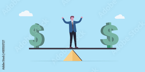 Achieving financial balance man on scales with dollar signs celebrating success