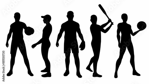 Dynamic baseball and basketball athletes, silhouettes poised for action, showcasing teamwork and sportsmanship in a modern, minimalist style for sports promotions