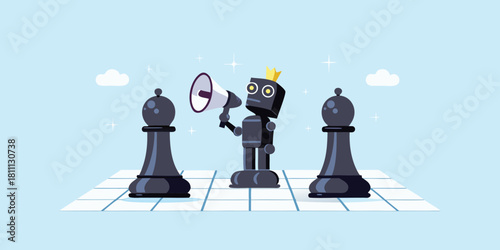 Robot king with megaphone on chessboard strategy announcement