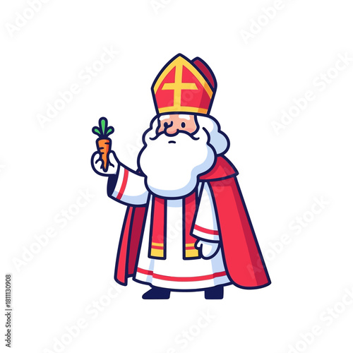 Cartoon illustration of Saint Nicholas, also known as Sinterklaas, holding a small carrot, depicted in traditional red and white attire.