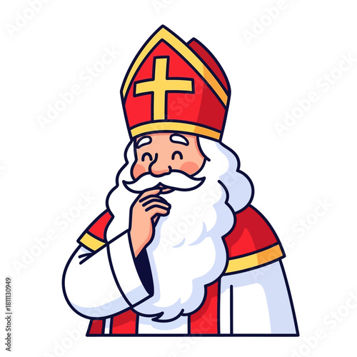 A charming cartoon illustration of a kind elderly bishop with a long white beard and a red miter