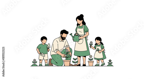Joyful family gardening together, planting flowers and nurturing nature, creating beautiful memories outdoors.