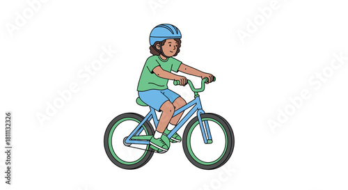 Joyful child with helmet pedals bicycle, embracing outdoor fun and active childhood adventures on a bright sunny day.