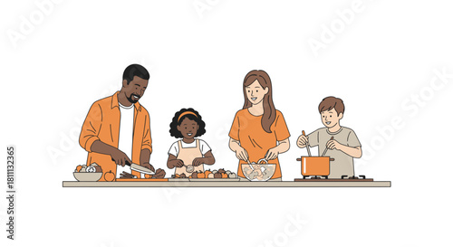 Joyful family cooking healthy meal together in bright kitchen, creating cherished memories and promoting wellness