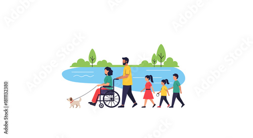 Diverse family enjoys a joyful park outing with a dog, celebrating inclusion and togetherness by a serene lake with lush greenery