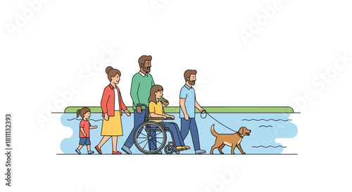 Diverse family enjoying a peaceful walk by the water with their dog, embracing inclusion and togetherness in a beautiful outdoor setting.