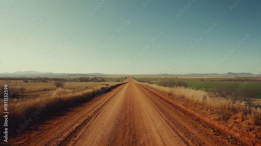 Naklejka premium A wide open countryside scene featuring a long reddish-brown dirt road stretching into the distance