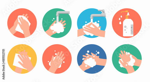 Set of colorful icons illustrating the correct steps for washing hands with soap and water for proper hygiene.