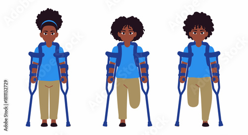 Illustrations of three young people with disabilities using crutches and a prosthetic leg.