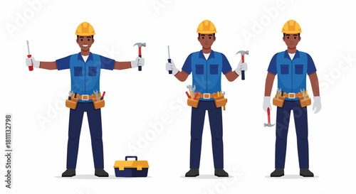 Three illustrations of a construction worker wearing a yellow helmet and holding tools.