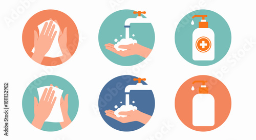 Illustrative guide showcasing hand hygiene practices, including wiping, washing with soap, and using sanitizer.