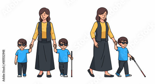 A collection of illustrations showing a woman guiding a visually impaired young boy with a white cane.