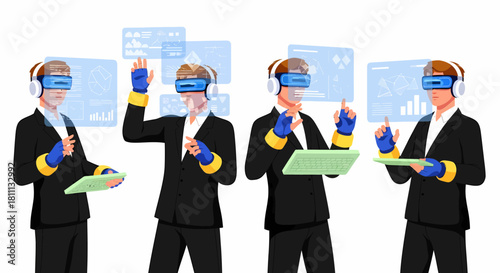 Four businessmen in VR headsets and haptic gloves interacting with virtual screens and tablets, representing future technology in business.