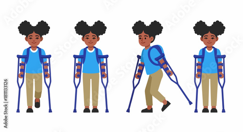 A young Black girl with crutches in various poses, illustrating mobility, recovery, and determination.