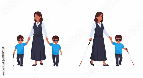 Woman assisting a visually impaired child with a cane, walking together in a supportive manner.