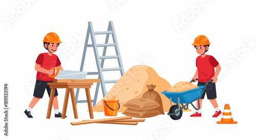 Two construction workers with tools and materials at a construction site.