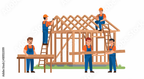 A team of builders in blue overalls and orange hard hats constructing a wooden house frame.