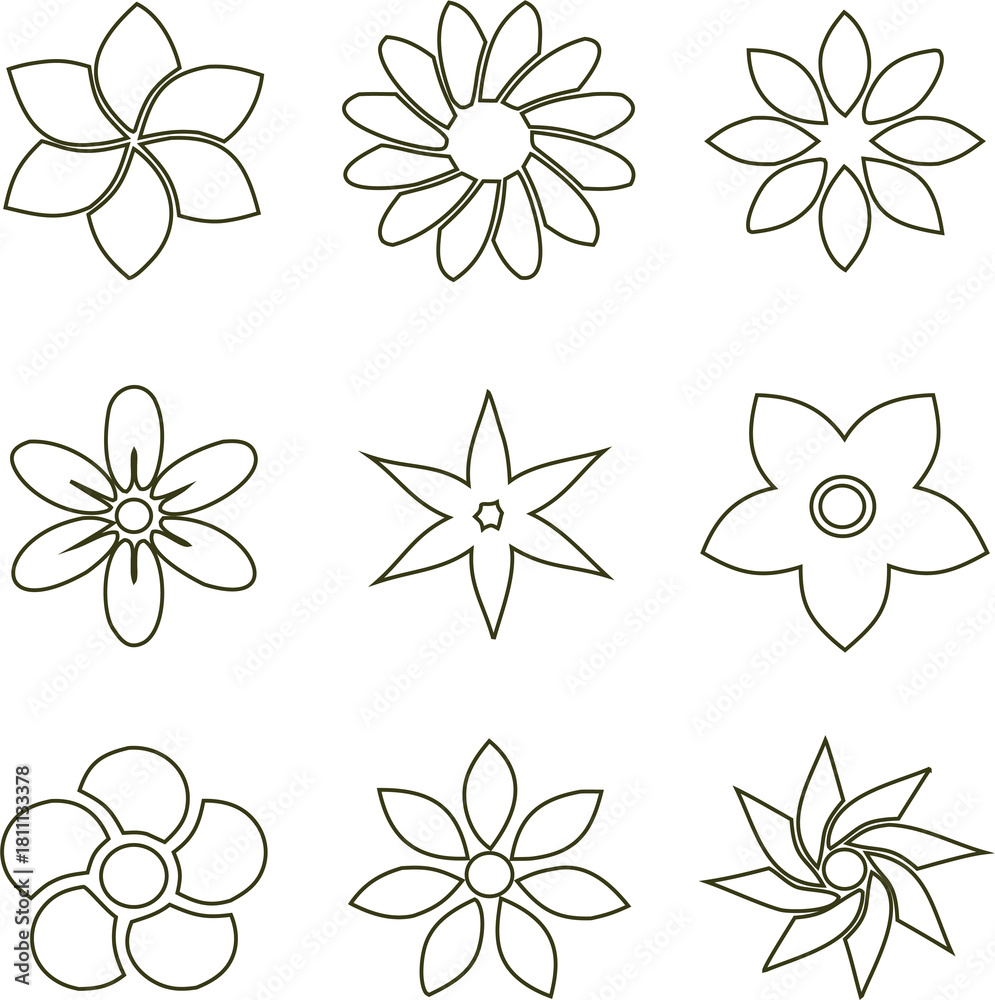 Fototapeta premium Flower outline vector icon set in multiple styles, perfect for nature illustrations, spring themes, beauty branding, greeting cards, and modern floral graphic design.