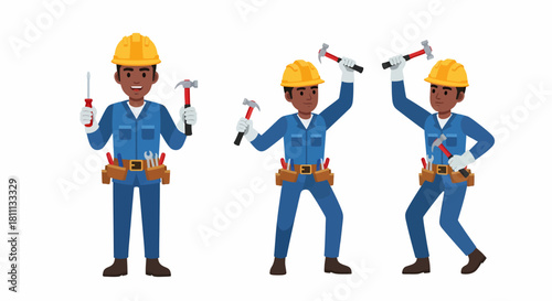 Three illustrations of a Black male construction worker in blue overalls and a hard hat, holding various tools like screwdrivers and hammers, ready for work.