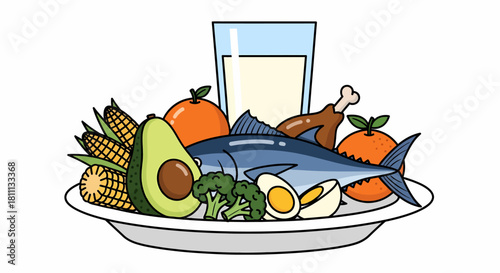 A plate filled with a variety of healthy food items including fish, chicken, eggs, vegetables, fruits, and a glass of milk.
