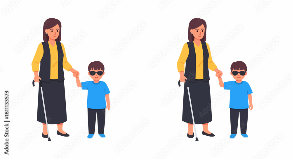 Fototapeta premium Woman and child with sunglasses holding hands, woman using a cane, both standing.
