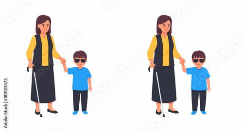 Woman and child with sunglasses holding hands, woman using a cane, both standing.