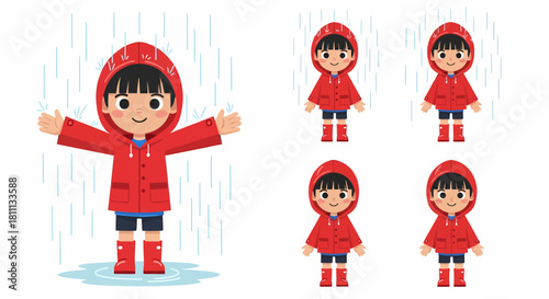 Cute cartoon child in red raincoat and boots playing in the rain with a happy smile.