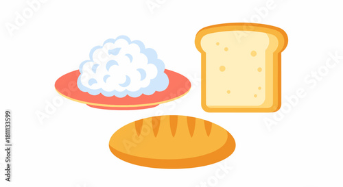 Illustration of bread, toast, and rice on a plate, representing carbohydrates.
