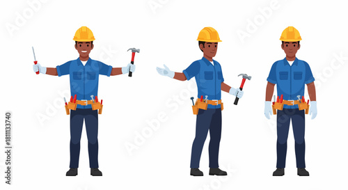 Three illustrations of a construction worker in a blue uniform and yellow hard hat holding tools.