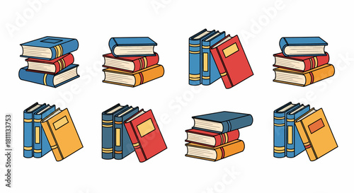 Collection of various book stacks, showcasing different colors and arrangements, perfect for education.
