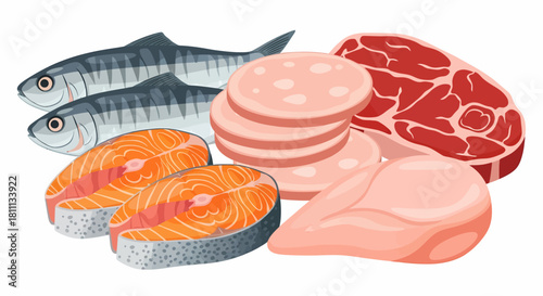 An assortment of fresh and processed meat and fish products including salmon, beef, chicken, and sausage.