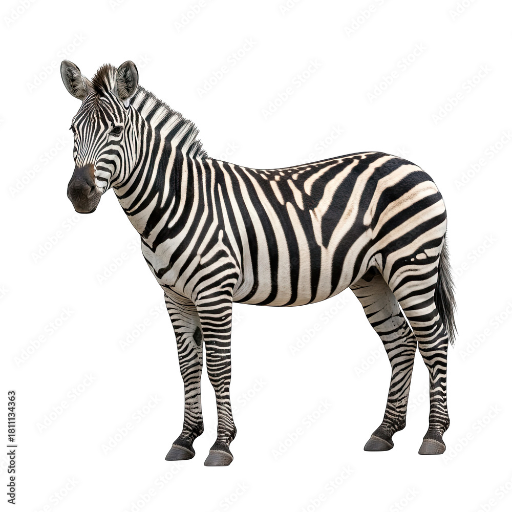 Fototapeta premium Zebra Standing Isolated On Transparent Background With Black And White Stripes Detailed Studio Shot