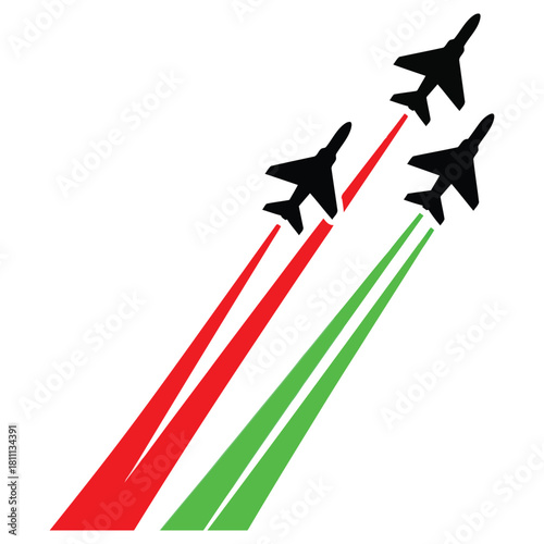 Dynamic formation of fighter jets soaring through the sky with vibrant contrails perfect for aviation enthusiasts and patriotic themes, symbolizing freedom