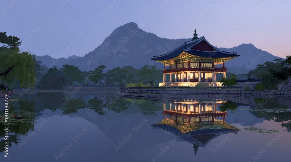 Obraz premium Media art illuminates a traditional Korean fortress gate in Seoul, South Korea, a must-see travel spot