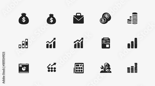 Financial and Business Icons Set - Money, Growth, Investment, Report, Chart, Calculator, Economy, Finance Symbols