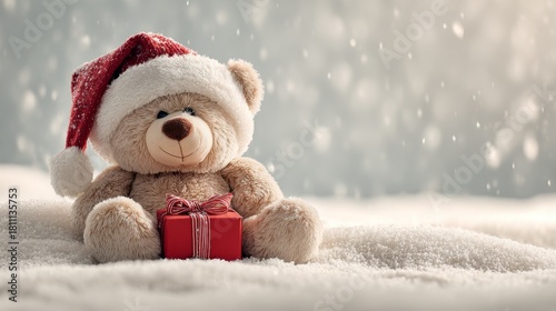 A brown teddy bear is shown wearing a Santa hat and holding a Christmas gift box